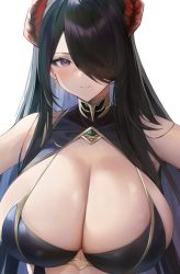 Rule 34 | 1girl, bare shoulders, bikini, bikini top only, black hair, closed mouth, earrings, hair over one eye, horns, jewelry, long hair, mature female, original, preview (preview0), purple eyes, red horns, revealing clothes, solo, swimsuit, unfinished, white background
