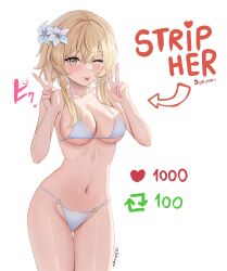 Rule 34 | 1girl, :p, absurdres, bikini, blonde hair, blush, breasts, cleavage, closed mouth, collarbone, commentary, cowboy shot, dokimaru, double v, english commentary, fingernails, flower, genshin impact, hair flower, hair ornament, hands up, highres, large breasts, lumine (genshin impact), medium hair, meme, nail polish, navel, one eye closed, sideboob, smile, solo, stomach, swimsuit, thigh gap, tongue, tongue out, twitter strip game (meme), twitter username, underboob, v, white background, white bikini, yellow eyes