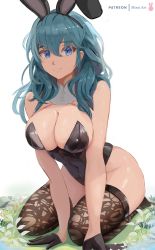 Rule 34 | 1girl, animal ears, aqua hair, black gloves, blue eyes, breasts, brown thighhighs, byleth (female) (fire emblem), byleth (fire emblem), choker, cleavage, closed mouth, coat, coat on shoulders, commentary, english commentary, fake animal ears, fire emblem, fire emblem: three houses, gloves, hair between eyes, highres, kneeling, large breasts, leotard, long hair, looking at viewer, mirai hikari, nintendo, playboy bunny, rabbit ears, signature, smile, swimsuit, thighhighs