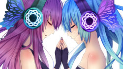Rule 34 | 2girls, black gloves, blue hair, blue nails, butterfly wings, closed eyes, daburu, face-to-face, female focus, fingerless gloves, fingernails, from side, gloves, hatsune miku, headphones, highres, holding hands, insect wings, long hair, magnet, magnet (vocaloid), megurine luka, multiple girls, nail polish, pink hair, portrait, purple hair, purple nails, simple background, strapless, twintails, vocaloid, white background, wings, yuri