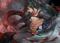Rule 34 | 1boy, bishounen, black hair, blood, chinese clothes, city, clenched hand, exposed muscle, fate/grand order, fate (series), full body, gauntlets, long hair, male focus, meiji (meiji770), ponytail, tattoo, yan qing (fate), yellow eyes