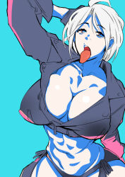 Rule 34 | 1girl, ahoge, angel (kof), backless pants, blue eyes, bra, breasts, chaps, cleavage, crop top, cropped jacket, fingerless gloves, gloves, hair over one eye, jacket, kemonono (inchiki dou), large breasts, leather, leather jacket, looking at viewer, midriff, navel, open mouth, panties, pants, short hair, snk, solo, strapless, strapless bra, the king of fighters, the king of fighters xiv, toned, tongue, tongue out, underwear, white hair