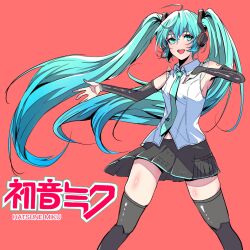 Rule 34 | 1girl, aqua eyes, aqua hair, aqua necktie, bare shoulders, black skirt, black sleeves, black thighhighs, character name, collared shirt, commentary request, crazy02oekaki, detached sleeves, feet out of frame, floating hair, hair between eyes, hair ornament, hand on own chest, hatsune miku, hatsune miku (vocaloid4), headset, highres, long hair, midriff peek, necktie, number tattoo, open hands, open mouth, pleated skirt, shirt, shoulder tattoo, simple background, skirt, sleeveless, sleeveless shirt, solo, standing, tattoo, thighhighs, twintails, v4x, very long hair, vocaloid, white shirt