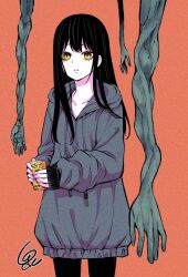 Rule 34 | 1girl, black hair, black pants, can, closed mouth, collarbone, disembodied hand, grey hoodie, highres, holding, holding can, hood, hoodie, izumi (toubun kata), long hair, long sleeves, looking at viewer, mieruko-chan, official art, orange background, oversized clothes, pants, signature, solo, yellow eyes, yotsuya miko