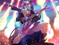 Rule 34 | 1girl, absurdres, aqua eyes, armpits, black hair, black nails, blush, breasts, cameltoe, choker, cleft of venus, cowboy shot, creatures (company), crystalcheese (artist), dress, earrings, from below, game freak, guitar, hair ribbon, half-closed eyes, highres, huge filesize, instrument, jacket, jewelry, long sleeves, marnie (pokemon), nail polish, necklace, nintendo, panties, pantyshot, pink dress, pokemon, pokemon swsh, ribbon, skirt, solo, sparkle, standing, striped clothes, striped panties, sweat, underwear