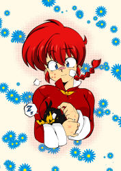 Rule 34 | 1girl, bandage on face, bandages, bandaid, bandaid on face, bandaid on nose, bite mark, blue eyes, braid, chinese clothes, flower, gender request, genderswap, highres, p-chan, paw print, pig, ranma-chan, ranma 1/2, red hair, saotome ranma, single braid, sleeping, smile, suzusato rinka, tangzhuang, upper body, zzz