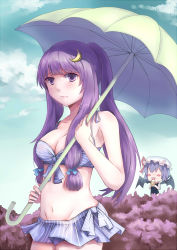 Rule 34 | 1girl, absurdres, alternate hairstyle, bare shoulders, bat wings, bikini, blue hair, blush, blush stickers, bow, breasts, cellphone, chibi, cleavage, cloud, crescent, crescent hair ornament, day, fang, gradient background, hair bow, hair ornament, hat, highres, looking at viewer, mao wan, mob cap, navel, no eyes, one-piece swimsuit, open mouth, panties, parasol, patchouli knowledge, phone, ponytail, purple eyes, purple hair, remilia scarlet, short hair, sky, smile, solo, striped bikini, striped clothes, swimsuit, touhou, umbrella, underwear, wings