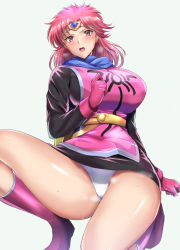 Rule 34 | 1girl, blush, breasts, brown eyes, circlet, dragon quest, dragon quest dai no daibouken, dress, gloves, kumakichi (cost-lost), large breasts, looking at viewer, maam, open mouth, panties, pink hair, short hair, simple background, solo, thighs, underwear, white panties