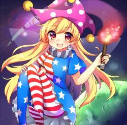 Rule 34 | 1girl, american flag dress, american flag legwear, american flag shirt, blonde hair, blush, clownpiece, cover, dress, fairy wings, hat, jester cap, long hair, looking at viewer, moon, neck ruff, open mouth, pantyhose, print pantyhose, red eyes, ruhika, short sleeves, smile, solo, star (symbol), striped clothes, striped pantyhose, text focus, touhou, wings