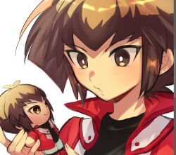 Rule 34 | 1boy, :o, black shirt, bright pupils, brown eyes, brown hair, character doll, commentary request, doll, duel academy uniform (yu-gi-oh! gx), hand up, holding, holding doll, jacket, male focus, multicolored hair, open clothes, open jacket, open mouth, red jacket, shirt, short hair, sidelocks, sk816, solo, upper body, white background, yu-gi-oh!, yu-gi-oh! gx, yuki judai