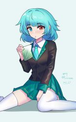 Rule 34 | 1girl, alternate costume, black jacket, blue eyes, blue hair, blue skirt, collared shirt, commentary request, dated, drinking, formal, full body, grey background, heterochromia, highres, jacket, looking at viewer, one-hour drawing challenge, qinyuzhen, red eyes, shirt, short hair, signature, simple background, sitting, skirt, solo, tatara kogasa, thighhighs, touhou, twitter username, wariza, white shirt, white thighhighs