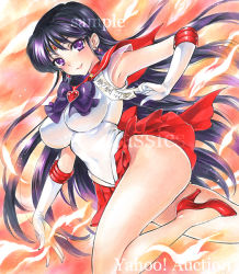 Rule 34 | 1girl, armpits, artist name, at classics, bare legs, bishoujo senshi sailor moon, bow, bowtie, breasts, brooch, closed mouth, covered navel, gloves, heart, heart brooch, hino rei, holding, impossible clothes, jewelry, large breasts, long hair, looking at viewer, purple bow, purple bowtie, purple eyes, purple hair, red skirt, sailor mars, sample watermark, skirt, sleeveless, smile, solo, traditional media, translation request, very long hair, watermark, white gloves