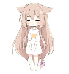 Rule 34 | 1girl, animal ear fluff, animal ears, barefoot, blush, bow, braid, brown hair, cat ears, cat girl, cat tail, chibi, closed eyes, closed mouth, collarbone, facing viewer, full body, long hair, original, purple bow, rnond, shirt, short sleeves, simple background, solo, standing, tail, tail bow, tail ornament, very long hair, white background, white shirt