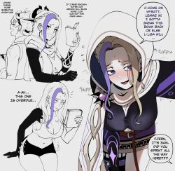 Rule 34 | 1girl, bennett (genshin impact), blonde hair, braid, breasts, cape, english text, fjern thorden (nyantcha), genshin impact, highres, large breasts, long hair, mole, mole under mouth, multicolored hair, multiple views, nervous, nervous smile, nyantcha, original, parted bangs, purple hair, side braid, smile, solo, speech bubble, streaked hair, sweatdrop, thighs