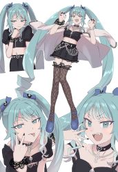 Rule 34 | 1girl, :d, :p, absurdres, alternate costume, aqua eyes, aqua hair, arms up, black collar, black nails, black shirt, black skirt, black thighhighs, blue bow, blue footwear, bow, bracelet, chain, claw pose, closed mouth, collar, collarbone, cropped shirt, earclip, fangs, full body, hair bow, half-closed eyes, hand up, hatsune miku, heart, highres, jacket, jewelry, knees together feet apart, long hair, looking at viewer, looking to the side, mary janes, midriff, mosh mallow, multiple views, nail polish, navel, off-shoulder shirt, off shoulder, open clothes, open hand, open jacket, open mouth, puffy sleeves, see-through thighhighs, shirt, shoes, short sleeves, sidelocks, sideways glance, simple background, skirt, smile, split mouth, thighhighs, tongue, tongue out, twintails, upper body, v, v-shaped eyebrows, very long hair, vocaloid, white background, white jacket, zettai ryouiki