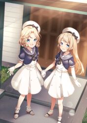 Rule 34 | 2girls, blonde hair, blue eyes, blue sailor collar, bobby socks, day, door, dress, full body, gloves, grey footwear, hat, highres, house, janus (kancolle), jervis (kancolle), kantai collection, long hair, looking at viewer, mary janes, mashiro aa, multiple girls, open mouth, outdoors, parted bangs, sailor collar, sailor dress, sailor hat, shoes, short hair, smile, socks, white dress, white gloves, white headwear, white socks