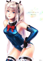 Rule 34 | 1girl, artist request, black ribbon, blonde hair, blue eyes, blue legwear, blue leotard, blue one-piece swimsuit, character name, copyright name, dead or alive, dead or alive 5, elbow gloves, english text, frilled leotard, frilled swimsuit, frills, gloves, hair ribbon, highres, leotard, long hair, marie rose, one-piece swimsuit, ribbon, solo, swimsuit, twintails
