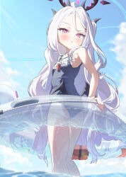 Rule 34 | 1girl, absurdres, applepie (12711019), bare arms, bare legs, bare shoulders, black horns, blue archive, blue one-piece swimsuit, blush, commentary, demon horns, feet out of frame, flat chest, grey hair, halo, highres, hina (blue archive), hina (swimsuit) (blue archive), horns, long hair, looking at viewer, multiple horns, name tag, ocean, one-piece swimsuit, open mouth, purple eyes, school swimsuit, solo, swimsuit, symbol-only commentary, water, wet