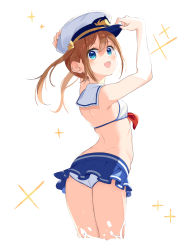 Rule 34 | 1girl, absurdres, adjusting clothes, adjusting headwear, ass, bikini, bikini skirt, blue eyes, blush, brown hair, cropped legs, from behind, highres, maechuu, open mouth, pleated skirt, sailor collar, skirt, smile, swimsuit, twintails, two-tone bikini