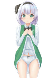 Rule 34 | 1girl, bow, bow panties, clothes lift, green eyes, green skirt, green vest, hairband, highres, konpaku youmu, kubure, lifted by self, panties, ribbon, shirt, short hair, silver hair, simple background, skirt, skirt lift, solo, thighs, touhou, underwear, vest, white background, white panties, white shirt