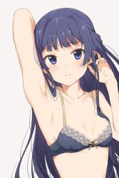Rule 34 | 1girl, arm behind head, armpits, bad id, bad twitter id, blue bra, blue eyes, blue hair, blunt bangs, blush, bow, bow bra, bra, breasts, cleavage, collarbone, facing viewer, hair over shoulder, hand in own hair, highres, hime cut, hiroki (yyqw7151), idolmaster, idolmaster million live!, lace, lace-trimmed bra, lace trim, long hair, midriff, mogami shizuka, no navel, simple background, small breasts, solo, striped bra, striped clothes, underwear, upper body, vertical-striped bra, vertical-striped clothes, yellow bow