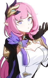 Rule 34 | 1girl, :o, black gloves, blowing kiss, breasts, cleavage, elysia (honkai impact), elysia (miss pink elf) (honkai impact), gloves, highres, hm mono, honkai (series), honkai impact 3rd, long hair, long sleeves, looking at viewer, open mouth, pink hair, pointy ears, ponytail, simple background, solo, white background