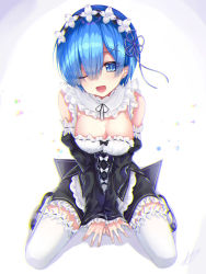 Rule 34 | 1girl, :d, absurdres, amatsuji, apron, bare shoulders, black dress, black footwear, blue eyes, blue hair, breasts, cleavage, commentary request, detached sleeves, dress, frills, hair ribbon, highres, kneeling, large breasts, long sleeves, looking at viewer, maid, maid headdress, medium breasts, one eye closed, open mouth, pink ribbon, re:zero kara hajimeru isekai seikatsu, rem (re:zero), ribbon, shoes, short hair, smile, solo, thighhighs, white apron, white thighhighs
