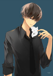 Rule 34 | 1boy, animal, animal on shoulder, black hair, black necktie, black shirt, blue background, brown eyes, cat, closed mouth, collared shirt, commentary request, dated, eyebrows hidden by hair, hair over one eye, hand up, highres, long sleeves, looking at viewer, male focus, nagata ozu, necktie, original, shirt, signature, simple background, solo, upper body