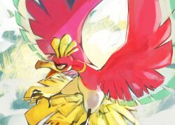 Rule 34 | animal focus, beak, bird, bird tail, bird wings, claws, cloud, commentary request, creatures (company), feathered wings, feathers, game freak, gara (qbeuxvii22), gen 2 pokemon, highres, ho-oh, legendary pokemon, nintendo, no humans, open mouth, phoenix, pokemon, pokemon (creature), red eyes, red feathers, red wings, tail, talons, wings, yellow feathers