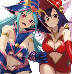 Rule 34 | 2girls, apple magician girl, aqua hair, bare shoulders, blue headwear, breasts, brown eyes, chocolate magician girl, cleavage, cleavage cutout, clothing cutout, dress, duel monster, elbow gloves, gloves, highres, large breasts, miniskirt, multiple girls, navel cutout, open mouth, pointy ears, purple hair, red eyes, red headwear, skirt, underboob cutout, winged hat, yappen, yu-gi-oh!