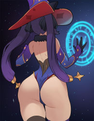 Rule 34 | 1girl, ass, ass focus, bare shoulders, detached sleeves, elbow gloves, from behind, genshin impact, gloves, hair ornament, hair ribbon, hat, highres, holy meh, huge ass, leotard, long hair, looking away, mona (genshin impact), purple hair, ribbon, solo, thick thighs, thighhighs, thighs, thong, thong leotard, twintails, very long hair
