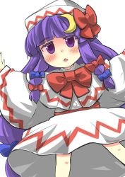 Rule 34 | 1girl, blush, bow, cosplay, gaoo (frpjx283), hair bow, hat, highres, lily white, lily white (cosplay), patchouli knowledge, purple eyes, purple hair, solo, touhou, white background