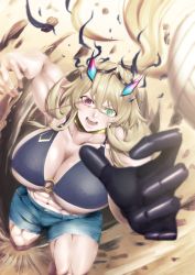 Rule 34 | 1girl, abs, absurdres, blonde hair, breasts, denim, denim shorts, barghest (fate), fate/grand order, fate (series), green eyes, h null, heterochromia, highres, large breasts, long hair, muscular, muscular female, open mouth, red eyes, shorts, solo