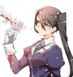 Rule 34 | 1girl, black hair, branch, breasts, brown eyes, bud, closed mouth, commentary request, gloves, hair between eyes, higaragi, highres, kantai collection, long hair, long sleeves, medium breasts, military, military uniform, nachi (kancolle), nachi kai ni (kancolle), petals, ponytail, side ponytail, simple background, solo, uniform, upper body, very long hair, white background, white gloves