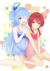 Rule 34 | 2girls, :d, :o, alternate hair color, aqua (konosuba), bare shoulders, blue dress, blue eyes, blue hair, blue nightgown, blush, breasts, brown eyes, circle, collarbone, commentary, dress, flower, front-to-back, geometric solid, hair between eyes, hair ornament, kneeling, kono subarashii sekai ni shukufuku wo!, lingerie, long hair, looking at another, looking at viewer, looking back, megumin, misuse marin, multiple girls, nightgown, open mouth, parted lips, pink dress, pink nightgown, rectangle, red hair, short dress, short hair with long locks, sidelocks, sitting, sleeveless, sleeveless dress, small breasts, smile, teeth, underwear, upper teeth only, very long hair, wariza, white background, white flower, x hair ornament
