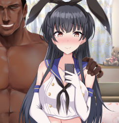 Rule 34 | 1boy, 1girl, black hair, blush, breasts, collarbone, cosplay, dark skin, dark-skinned male, grin, hand on another&#039;s shoulder, highres, idolmaster, idolmaster shiny colors, kantai collection, long hair, manly, mayuzumi fuyuko, medium breasts, naba (take tonbo), shimakaze (kancolle) (cosplay), shimakaze (kancolle), smile, template, very long hair