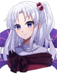 Rule 34 | 1girl, closed mouth, commentary request, cropped torso, grey hair, hair bobbles, hair ornament, light blush, long hair, looking at viewer, one side up, purple eyes, shinki (touhou), simple background, smile, solo, touhou, touhou (pc-98), upper body, white background, yuki 10825