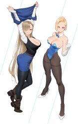 Rule 34 | 2girls, absurdres, android 18, android 18 (cosplay), arms up, asuna (blue archive), asuna (bunny) (blue archive), asymmetrical bangs, bare shoulders, belt, black pantyhose, black shirt, blonde hair, blue archive, blue eyes, blue leotard, boots, bow, bowtie, breasts, brown footwear, cleavage, clenched hand, collarbone, cosplay, costume switch, denim, denim skirt, denim vest, detached collar, dragon ball, dragonball z, elbow gloves, eyes visible through hair, full body, gloves, hair over one eye, high heels, highleg, highleg leotard, highres, large breasts, legs, leotard, light brown hair, long hair, long sleeves, looking at viewer, multiple girls, one eye closed, pantyhose, playboy bunny, shirt, shirt tucked in, short hair, skirt, sleeves past wrists, smile, strapless, strapless leotard, striped sleeves, thighband pantyhose, thighs, traditional bowtie, very long hair, white footwear, white gloves, wonbin lee