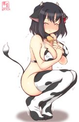 Rule 34 | 1girl, anal tail, animal ears, animal print, artist logo, bell, bikini, black hair, blush, bottomless, breasts, closed eyes, commentary request, covered erect nipples, cow ears, cow horns, cow print, cow tail, cowbell, dated, fake animal ears, fake horns, fake tail, haguro (kancolle), hair ornament, highres, horns, kanon (kurogane knights), kantai collection, large breasts, nose blush, one-hour drawing challenge, short hair, simple background, solo, squatting, swimsuit, tail, tears, thighhighs, trembling, white background, white bikini, white thighhighs