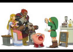 Rule 34 | 1girl, assemblerones, bead necklace, beads, blue eyes, blush, bracer, circlet, coffee, cup, dark skin, forehead jewel, full body, ganondorf, gerudo, hat, jewelry, kirby, kirby (series), letterboxed, link, long hair, necklace, nintendo, pointy ears, princess zelda, red hair, short hair, smile, super smash bros., the legend of zelda, the legend of zelda: a link between worlds, the legend of zelda: majora&#039;s mask, the legend of zelda: ocarina of time, tiara, triforce, tunic, young link