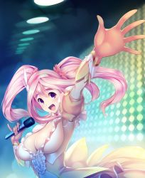 Rule 34 | 1girl, armpits, breasts, d-eve in you, dress, eyebrows, game cg, gokokukyou, highres, large breasts, microphone, non-web source, pink hair, purple eyes, solo, thick eyebrows, ubukata yume