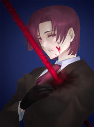 Rule 34 | 00s, 1girl, bazett fraga mcremitz, blood, blood on face, death, fate/hollow ataraxia, fate/stay night, fate (series), formal, gae bolg (fate), gloves, necktie, pant suit, pants, polearm, purple hair, red eyes, red hair, short hair, solo, spear, suit, weapon