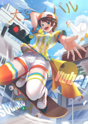 Rule 34 | 1girl, absurdres, arm behind head, asymmetrical legwear, backwards hat, baseball cap, blue sky, brown hair, building, character name, city, cloud, cloudy sky, english text, gradient eyes, hat, highres, hololive, lamppost, looking at viewer, midair, mismatched legwear, multicolored eyes, oozora subaru, oozora subaru (1st costume), oozora subaru (duck), open mouth, outstretched arm, red thighhighs, road sign, shirt, shoes, short hair, short shorts, short sleeves, shorts, sign, skateboard, skateboarding, sky, smile, sneakers, solo, stopwatch, stopwatch around neck, striped clothes, striped shirt, t-shirt, thighhighs, traffic light, translation request, vertical-striped clothes, vertical-striped shirt, virtual youtuber, watch, whistle, whistle around neck, white footwear, white thighhighs, zknxart99