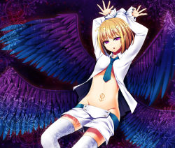 Rule 34 | 1boy, angel, arms up, beatmania, beatmania iidx, blonde hair, blue necktie, blue wings, collared shirt, commentary request, feet out of frame, frilled sleeves, frills, gradient wings, groin, halo, long sleeves, looking at viewer, male focus, mars symbol, miya (chocolate holic), multicolored wings, multiple wings, navel, necktie, open mouth, purple eyes, purple wings, rche (beatmania), shirt, short hair, short shorts, shorts, solo, star (symbol), stomach tattoo, tattoo, thighhighs, trap, white shirt, white shorts, white thighhighs, wings