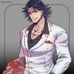 Rule 34 | 1boy, black hair, bouquet, commentary request, flower, giga omega, grin, jacket, jojo no kimyou na bouken, male focus, pectoral cleavage, pectorals, red eyes, red flower, red rose, rose, smile, solo, stardust crusaders, steely dan, tuxedo, twitter username, white jacket