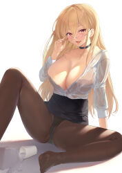 Rule 34 | 1girl, adjusting eyewear, azur lane, black bra, black choker, black panties, black skirt, blonde hair, bra, bra visible through clothes, breasts, brown pantyhose, choker, cleavage, foot out of frame, hair between eyes, high-waist skirt, highres, implacable (azur lane), implacable (shepherd of the &quot;lost&quot;) (azur lane), itaba atsushi, large breasts, long hair, long sleeves, looking at viewer, office lady, official alternate costume, panties, panties under pantyhose, pantyhose, partially unbuttoned, pencil skirt, red eyes, see-through, see-through shirt, shirt, shirt tucked in, simple background, sitting, skirt, solo, tongue, tongue out, underwear, water, white background, white shirt