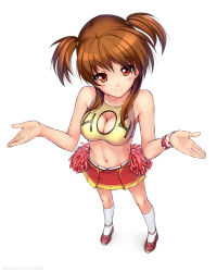 Rule 34 | 1girl, 404, atomix, bare shoulders, breasts, brown hair, cleavage, cleavage cutout, clothing cutout, crop top, deviantart sample, foreshortening, from above, full body, highres, http status code, image sample, kneehighs, long hair, looking at viewer, medium breasts, midriff, miniskirt, navel, original, personification, red eyes, revision, short hair, short twintails, shrugging, simple background, skirt, socks, solo, standing, twintails, white background