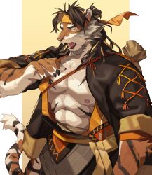 Rule 34 | 1boy, abs, absurdres, arknights, bara, fangs, furry, furry male, headband, highres, huai tianpei (arknights), male focus, nipples, open mouth, pectorals, striped, tiger boy, yed (yedsilent), yellow eyes, yellow headband