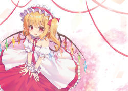 Rule 34 | 1girl, :d, absurdres, bare shoulders, beni kurage, blonde hair, blush, bow, collar, commentary request, crystal, dress, flandre scarlet, frilled collar, frilled hairband, frills, hair between eyes, hair bow, hairband, highres, lolita hairband, long hair, looking at viewer, neck ribbon, off-shoulder dress, off shoulder, one side up, open mouth, petticoat, puffy short sleeves, puffy sleeves, red bow, red dress, red eyes, red hairband, red ribbon, ribbon, short sleeves, smile, solo, touhou, white dress, wings, wrist cuffs