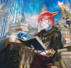 Rule 34 | 1boy, animal ears, book, book stack, cat ears, crystal exarch, cup, final fantasy, final fantasy xiv, frischenq, g&#039;raha tia, hair over one eye, looking at viewer, male focus, material growth, miqo&#039;te, open book, parted bangs, red eyes, red hair, short hair, sitting, solo, spoilers, teacup